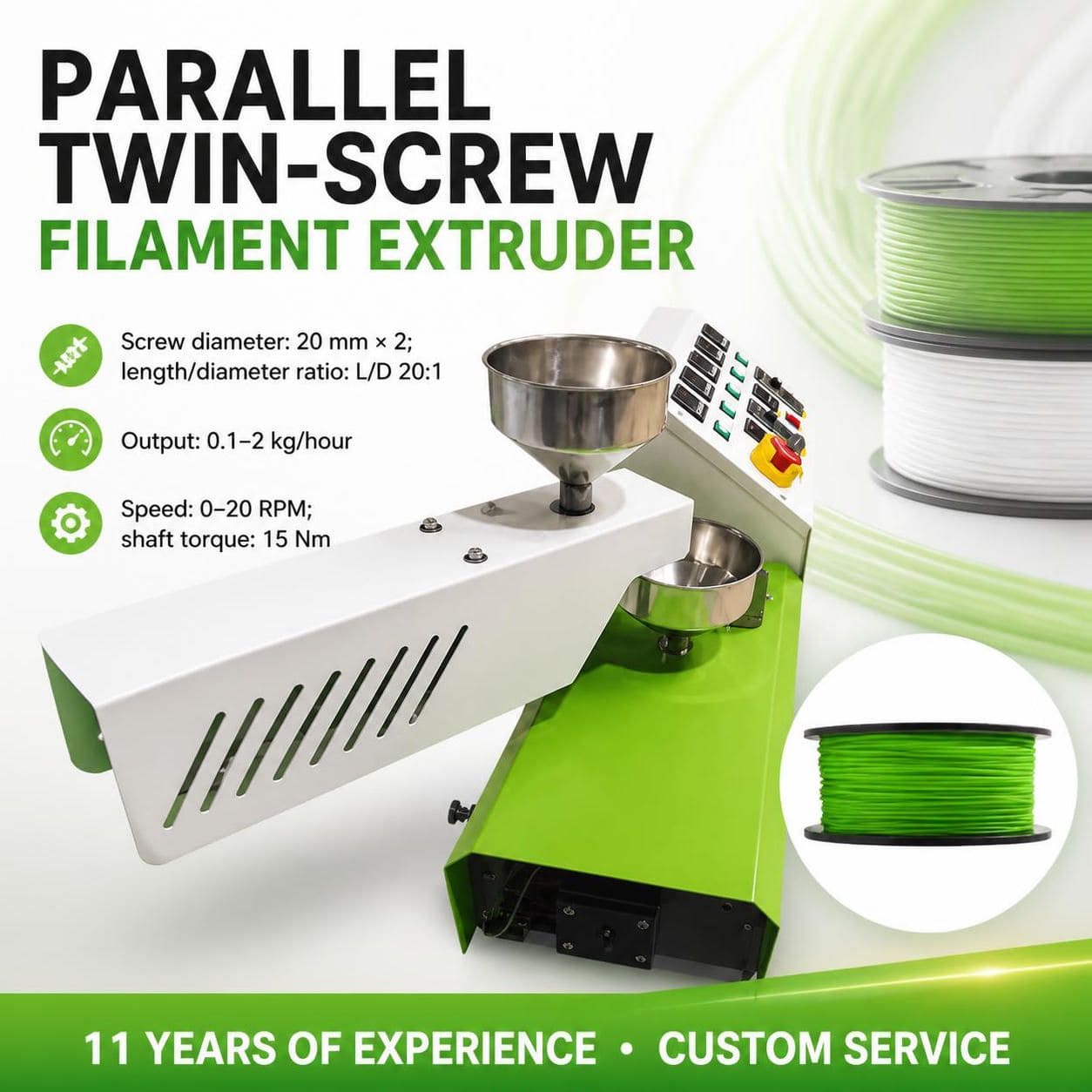 EXTRUTEX SG-20 Small Desktop Parallel Twin-Screw Extrusion Line for PP Recycling and 3D Printing Filament Production